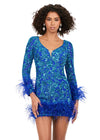 Front - Turquoise/Royal ASHLEYlauren 4616 fully sequin cocktail dress featuring a V-neckline, open back, fitted skirt, and feather details along the skirt and sleeves for a luxurious and dramatic look.