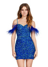 Front - Turquoise/Royal ASHLEYlauren 4651 fully beaded sequin cocktail dress featuring a sweetheart neckline, lace-up back, and fun feathered off shoulder sleeves for a bold and glamorous look.