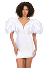 Front - White ASHLEYlauren 4549 cocktail dress featuring a V-neckline, oversized puff sleeves, heat set stone-embellished waistband, fitted skirt, and center lace-up back for a bold and glamorous look.