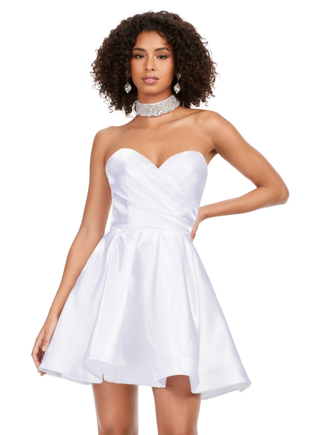 Front - White ASHLEYlauren 4644 strapless satin cocktail dress featuring a sweetheart neckline, A-line skirt, and a fully beaded choker for an elegant and sophisticated look.