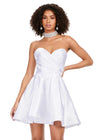 Front - White ASHLEYlauren 4644 strapless satin cocktail dress featuring a sweetheart neckline, A-line skirt, and a fully beaded choker for an elegant and sophisticated look.