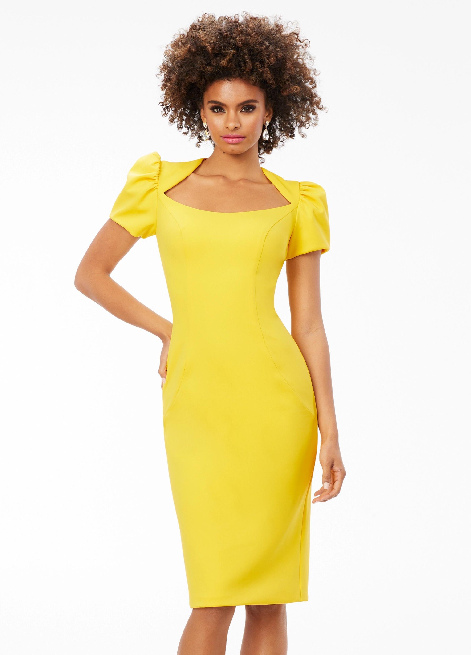 Front - Yellow ASHLEYlauren 4534 scuba cocktail dress featuring a modified square neckline, dramatic puff sleeves, fitted tea-length skirt, and full zipper back for a sophisticated and stylish look.