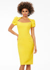 Front - Yellow ASHLEYlauren 4534 scuba cocktail dress featuring a modified square neckline, dramatic puff sleeves, fitted tea-length skirt, and full zipper back for a sophisticated and stylish look.