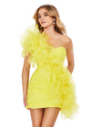 Front - Yellow ASHLEYlauren 4672 fitted organza cocktail dress featuring an oversized asymmetrical one shoulder ruffle cascading onto the skirt and an asymmetrical hem for a bold and elegant statement look.