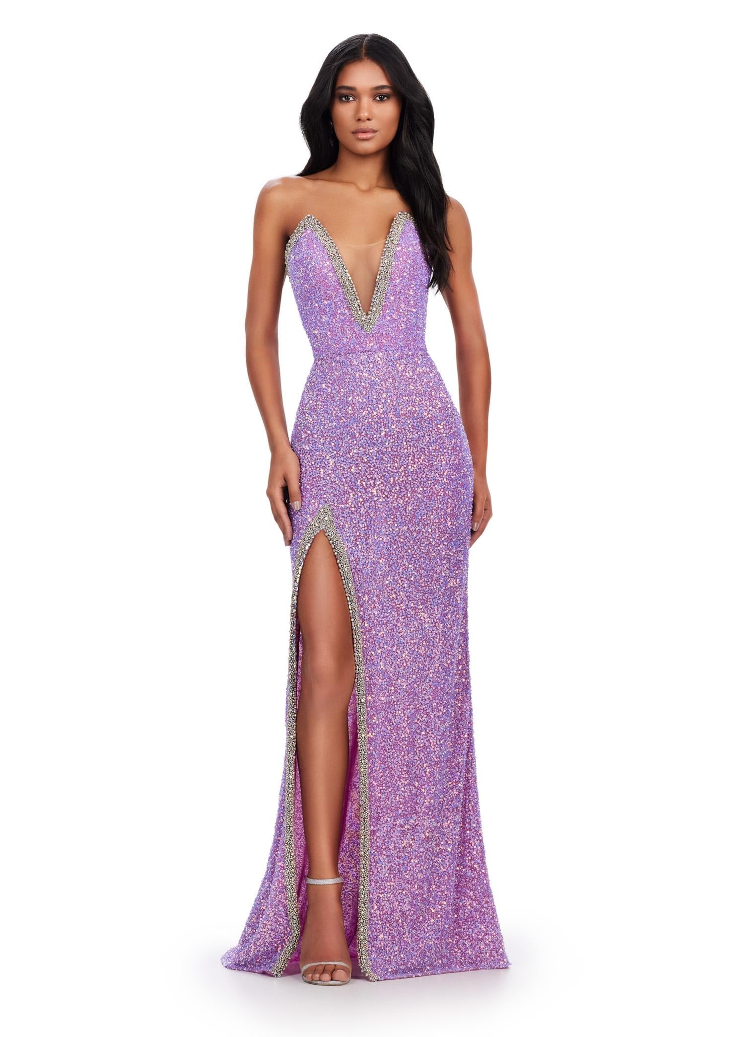 Front ASHLEYlauren 11521 Orchid Fully Beaded Strapless Gown with Illusion V-Neckline, Deep V Front, and Left Leg Slit