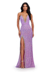 Front ASHLEYlauren 11521 Orchid Fully Beaded Strapless Gown with Illusion V-Neckline, Deep V Front, and Left Leg Slit