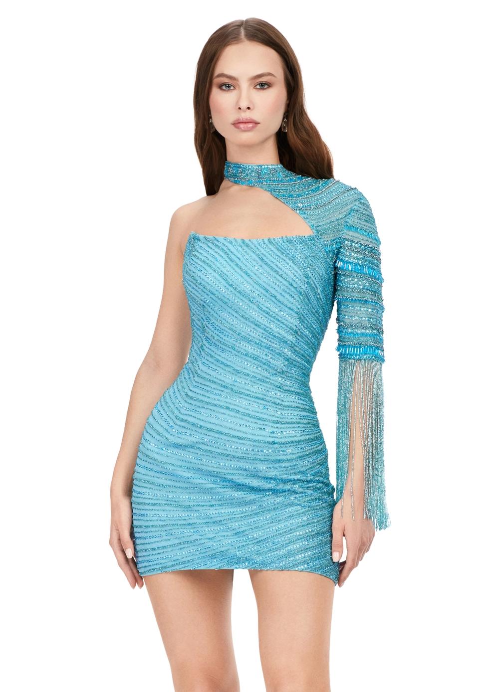 Front - Aqua ASHLEYlauren 4585 fully beaded cocktail dress featuring an asymmetrical neckline, one sleeve with long fringe, and an open back for a bold and glamorous look.