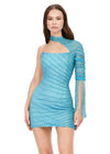 Front - Aqua ASHLEYlauren 4585 fully beaded cocktail dress featuring an asymmetrical neckline, one sleeve with long fringe, and an open back for a bold and glamorous look.