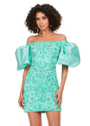 Front - Aqua ASHLEYlauren 4609 off shoulder gown featuring taffeta puff sleeves, intricate beading throughout, and a fitted skirt for an elegant and timeless look.