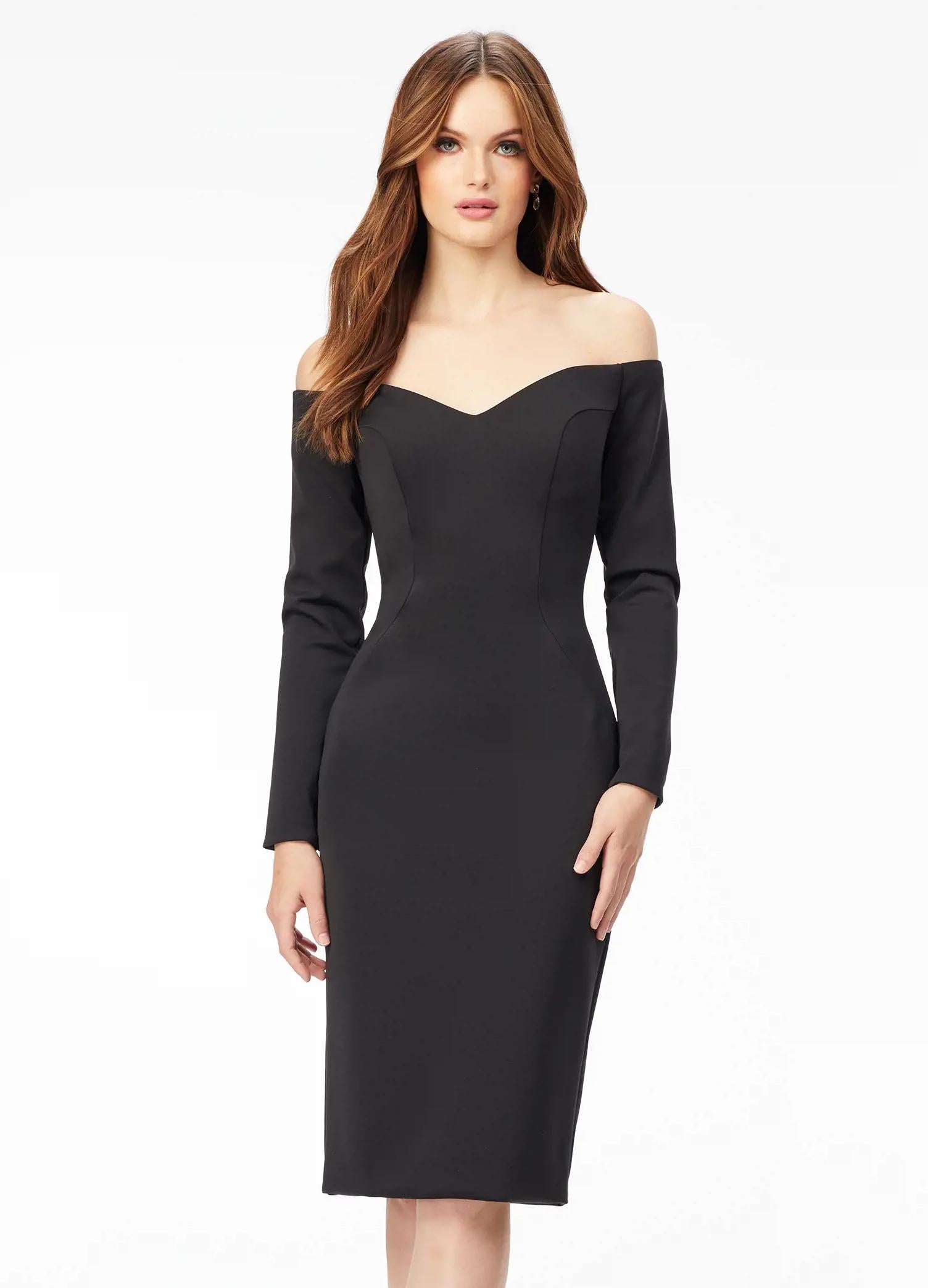 Front Black ASHLEYlauren 4514 elegant off shoulder scuba gown featuring long sleeves, a tea-length fitted skirt, high back with exposed zipper, and back center vent for a sophisticated and timeless look.