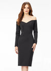 Front Black ASHLEYlauren 4514 elegant off shoulder scuba gown featuring long sleeves, a tea-length fitted skirt, high back with exposed zipper, and back center vent for a sophisticated and timeless look.