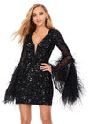 Front - Black ASHLEYlauren 4603 fully beaded cocktail dress featuring a V-neckline, feather-adorned flare sleeves, full back, and fitted skirt for a bold and glamorous statement look.