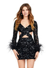 Front - Black ASHLEYlauren 4653 fully beaded cocktail dress featuring a V-neckline, long sleeves trimmed with feathers, bold cutouts, and a fitted skirt for a fun and flirty statement look.
