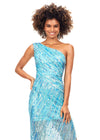 Front. Blue ASHLEYlauren 11207 One-Shoulder Sequin Gown with Asymmetrical Wrap Bead Pattern, Illusion Cut-Out, Slit, and Sweep Train