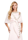 Blush ASHLEYlauren 11426 Elegant Double Faced Satin Gown with Crew Neckline, Crystal Embellishments, Subtle A-Line Skirt, and Detachable Beaded Shawl with Finger Loop