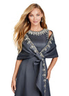 Front view. Charcoal ASHLEYlauren 11426 Elegant Double Faced Satin Gown with Crew Neckline, Crystal Embellishments, Subtle A-Line Skirt, and Detachable Beaded Shawl with Finger Loop
