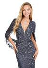 Front Charcoal ASHLEYlauren 11430 High Fashion Fully Beaded Fitted Gown with Elegant V-Neckline and Statement Cape Sleeves