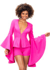 Front - Fuchsia ASHLEYlauren 4572 two-piece romper featuring a deep V-neckline, dramatic bell sleeves, and a sleek fitted design for a bold and fashionable statement look.