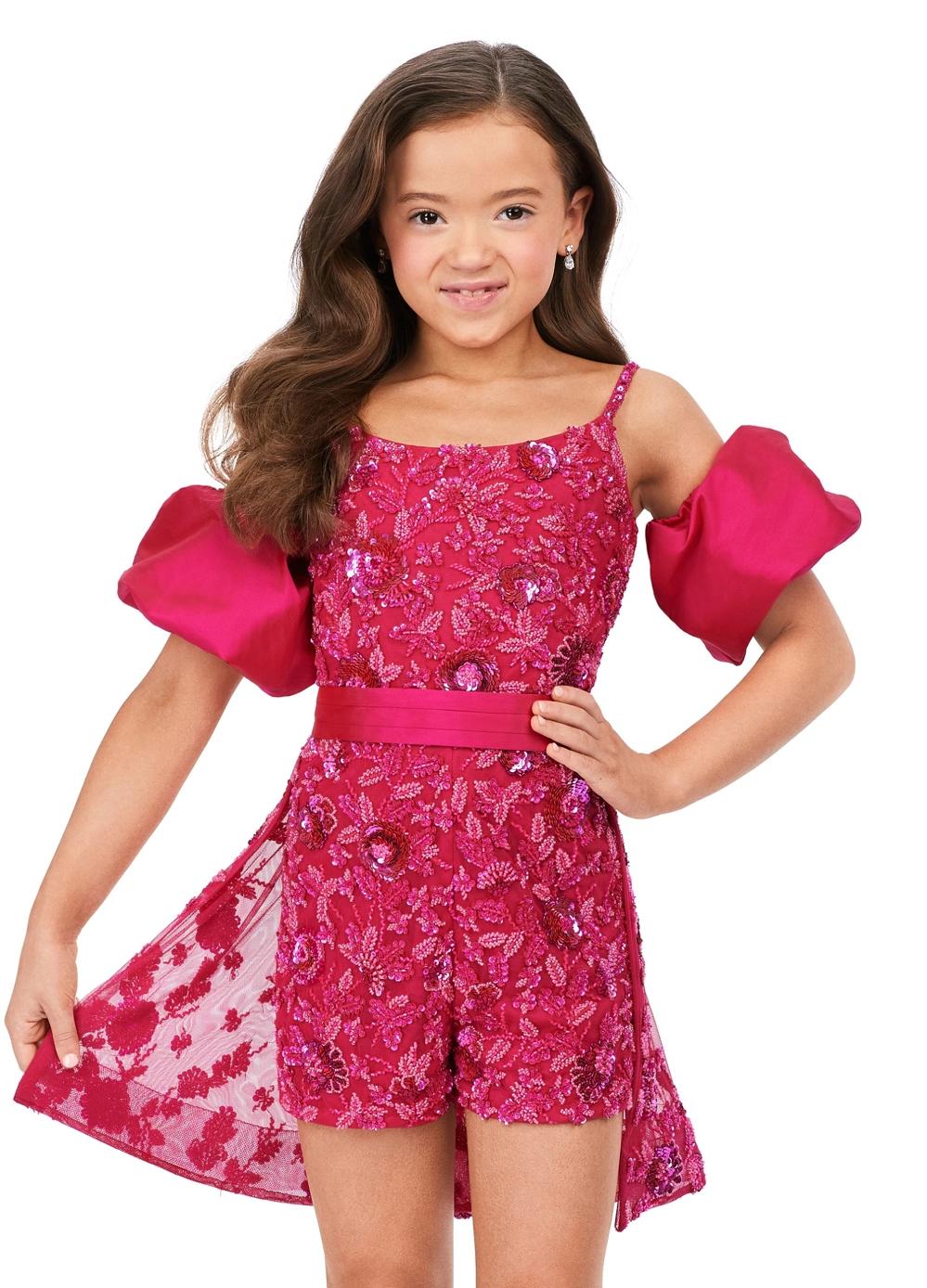 ASHLEYlauren 8233 - Beaded Romper with Puff Sleeves and