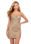 Front - Gold ASHLEYlauren 4596 fully beaded cocktail dress featuring a sweetheart neckline, delicate spaghetti straps, and a left leg slit for a glamorous and elegant look.