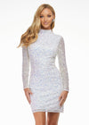 Ivory ASHLEYlauren 4252 fully beaded cocktail dress featuring long sleeves, a modern high neckline, fitted silhouette, and a sexy open back for a striking evening look.