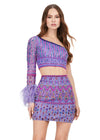 Front - Lilac ASHLEYlauren 4597 fully beaded two-piece set featuring a one sleeve top with feather trim and a matching skirt, adorned with an intricate, bright bead pattern for a bold and standout look.
