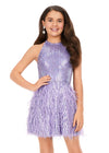 Front: Lilac ASHLEYlauren Kids 8196 Fully Beaded A-Line Cocktail Dress with Halter Neckline and Feather Details