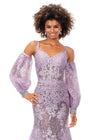 Front Lilac SHLEYlauren 11335 Spaghetti Strap Sequin Appliqué Gown with Illusion Corset Bodice, Trumpet Skirt, Open Back, and Detachable Puff Sleeves