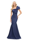 Navy ASHLEYlauren 11696 Glamorous One Shoulder Satin Gown with Statement Oversized Bow, Asymmetrical Fit and Flare Silhouette, and Mermaid Skirt