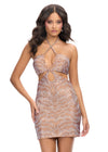 Nude ASHLEYlauren 4726 cocktail dress featuring animal print-inspired beadwork, a halter neckline, illusion cut outs, press-on stones, and a fitted skirt for a bold and glamorous look.