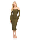 Front Olive ASHLEYlauren 4737 strapless cocktail dress featuring a fitted mid-length skirt, detachable sleeves, and press-on heat set stones for a versatile and glamorous look.