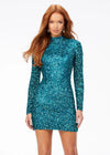 Peacock ASHLEYlauren 4252 fully beaded cocktail dress featuring long sleeves, a modern high neckline, fitted silhouette, and a sexy open back for a striking evening look.