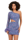 Front - Periwinkle ASHLEYlauren 4565 fully beaded cocktail dress featuring a one sleeve design, modern waist cut-out, and feather accents at the wrist for a bold and glamorous look.