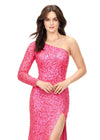 Pink ASHLEYlauren 1977 fitted hand-beaded dress featuring a one shoulder long sleeve, left leg slit, and a horsehair hem for an elegant and sophisticated look.