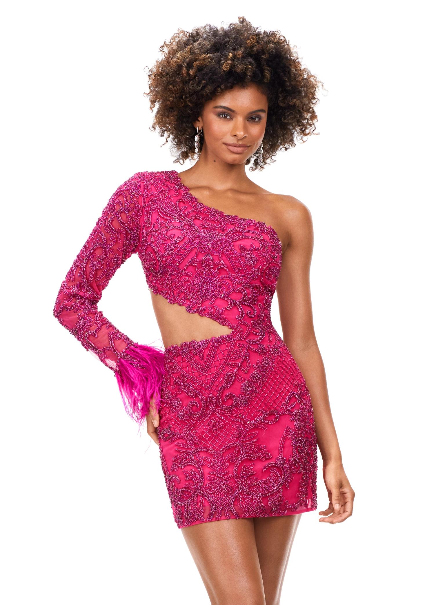 Front - Pink ASHLEYlauren 4565 fully beaded cocktail dress featuring a one sleeve design, modern waist cut-out, and feather accents at the wrist for a bold and glamorous look.
