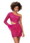 Front - Pink ASHLEYlauren 4565 fully beaded cocktail dress featuring a one sleeve design, modern waist cut-out, and feather accents at the wrist for a bold and glamorous look.