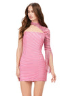 Front - Pink ASHLEYlauren 4585 fully beaded cocktail dress featuring an asymmetrical neckline, one sleeve with long fringe, and an open back for a bold and glamorous look.