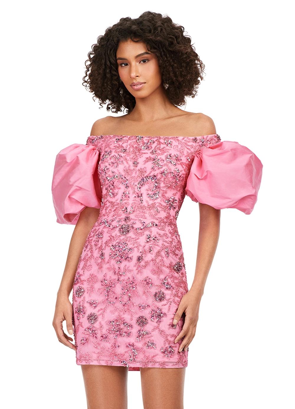 Front - Pink ASHLEYlauren 4609 off shoulder gown featuring taffeta puff sleeves, intricate beading throughout, and a fitted skirt for an elegant and timeless look.