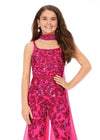 Pink ASHLEYlauren Kids 8190 Fully Beaded Jumpsuit with Matching Choker and Attached Cape