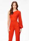 Front. Red ASHLEYlauren 11168 One-Shoulder Crepe Jumpsuit with Statement Balloon Sleeve, Flared Pant Legs, and Exposed Zipper