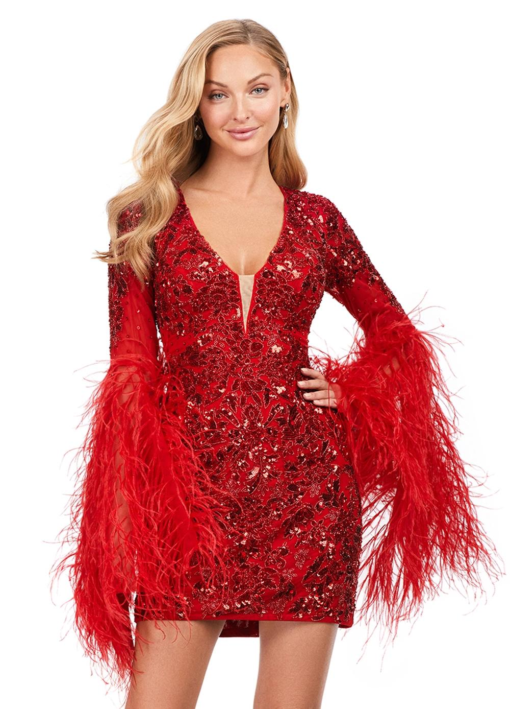 Front - Red ASHLEYlauren 4603 fully beaded cocktail dress featuring a V-neckline, feather-adorned flare sleeves, full back, and fitted skirt for a bold and glamorous statement look.