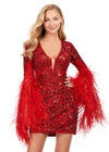 Front - Red ASHLEYlauren 4603 fully beaded cocktail dress featuring a V-neckline, feather-adorned flare sleeves, full back, and fitted skirt for a bold and glamorous statement look.