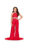 Front Red ASHLEYlauren Kids 8225 Embroidered Lace Jumpsuit with Chiffon Cape and Jeweled Belt