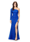 Royal ASHLEYlauren 1977 fitted hand-beaded dress featuring a one shoulder long sleeve, left leg slit, and a horsehair hem for an elegant and sophisticated look.