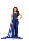 Royal ASHLEYlauren Kids 8191 Fully Beaded One Shoulder Jumpsuit with Chiffon Cape