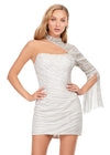 Front - Silver ASHLEYlauren 4585 fully beaded cocktail dress featuring an asymmetrical neckline, one sleeve with long fringe, and an open back for a bold and glamorous look.