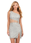 Front - Silver ASHLEYlauren 4595 fitted sequin cocktail dress featuring a one shoulder neckline, illusion shark bite cut-out along the waistline, corset details, and dramatic crystal fringe for a bold and show-stopping look.