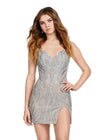 Front - Silver ASHLEYlauren 4596 fully beaded cocktail dress featuring a sweetheart neckline, delicate spaghetti straps, and a left leg slit for a glamorous and elegant look.