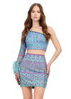 Front - Sky ASHLEYlauren 4597 fully beaded two-piece set featuring a one sleeve top with feather trim and a matching skirt, adorned with an intricate, bright bead pattern for a bold and standout look.