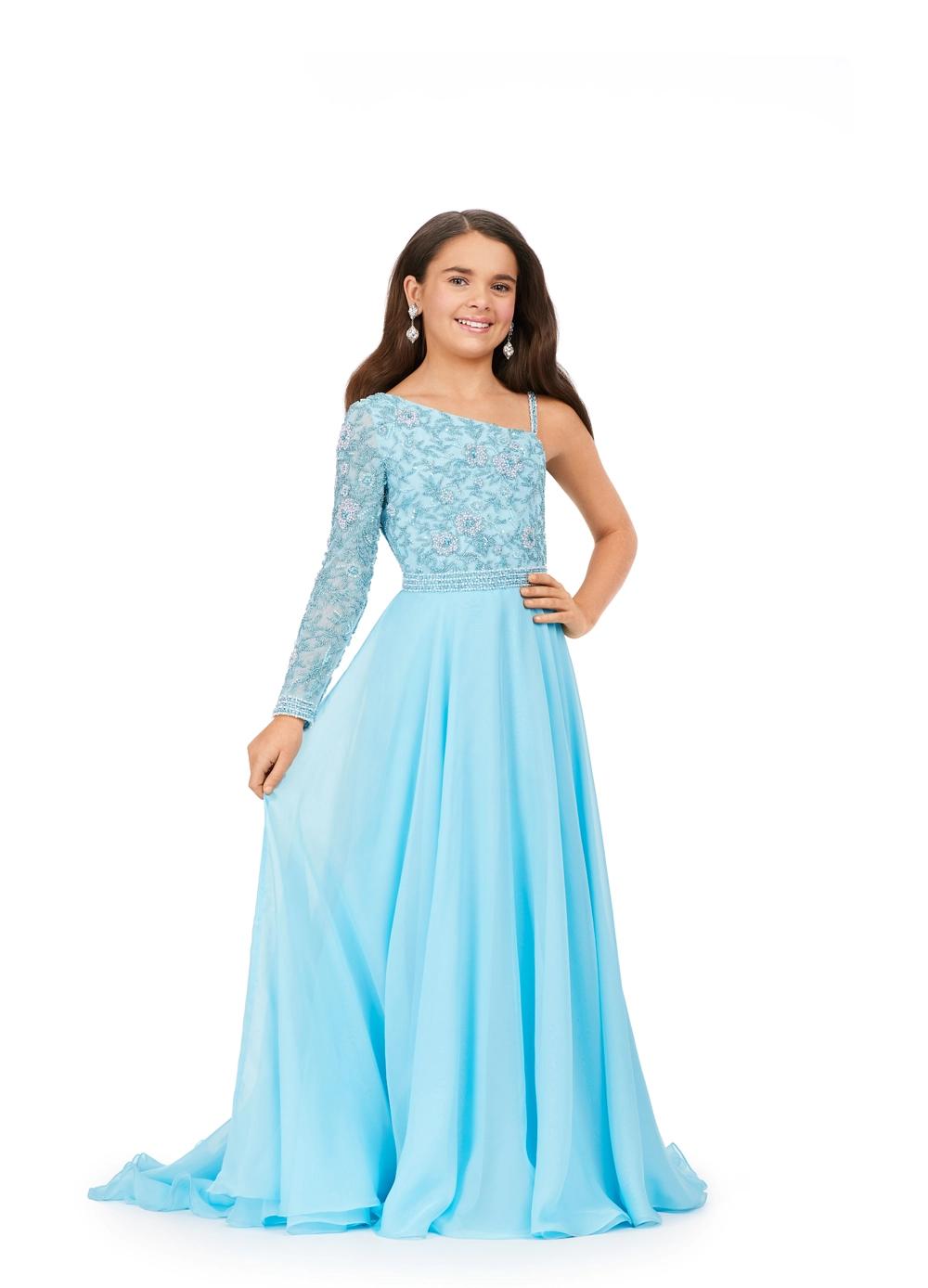Front: Sky ASHLEYlauren Kids 8197 One Shoulder Gown with Beaded Bustier and Chiffon Skirt